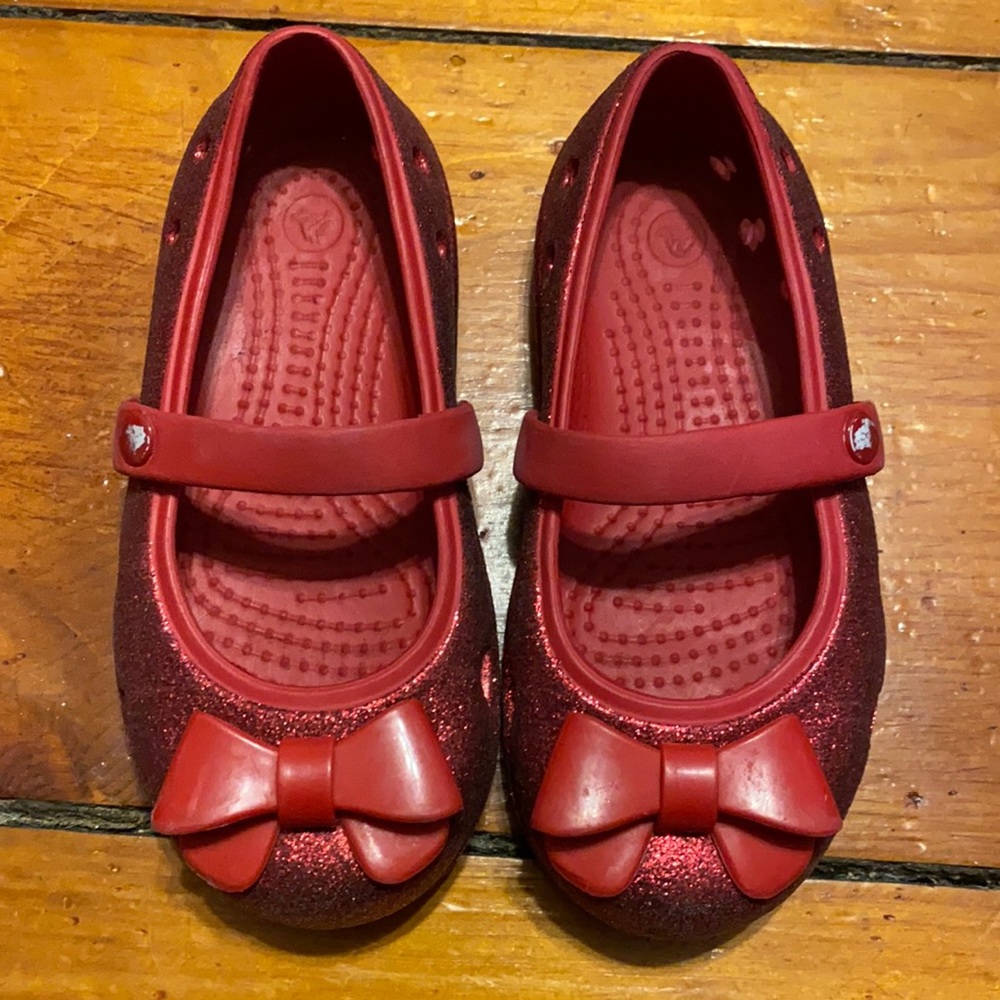 Red sparkle crocs size 9